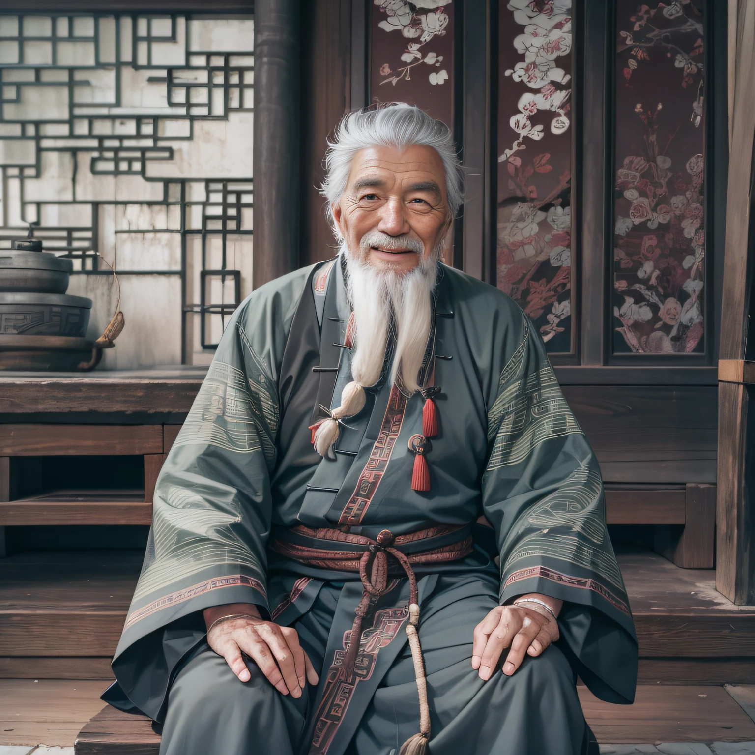 un anciano de pelo gris, Vestido con ropa gris antigua china, sonriente, 80 años,En el centro de la lente,Pequeña barba blanca,Ancient,
adentro, Templo taoísta chino, Antiguo templo chino,SENTADO CON LAS PIERNAS CRUZADAS,arquitectura china antigua,
tiro medio, mejor calidad,fotografiado,