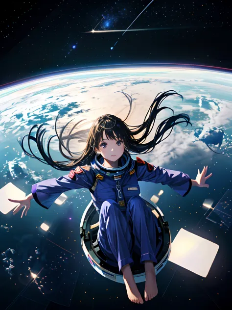 Alfid girl in purple pajamas sitting on a huge white object, Floating in outer space, Floating in space, floating in zero gravit...