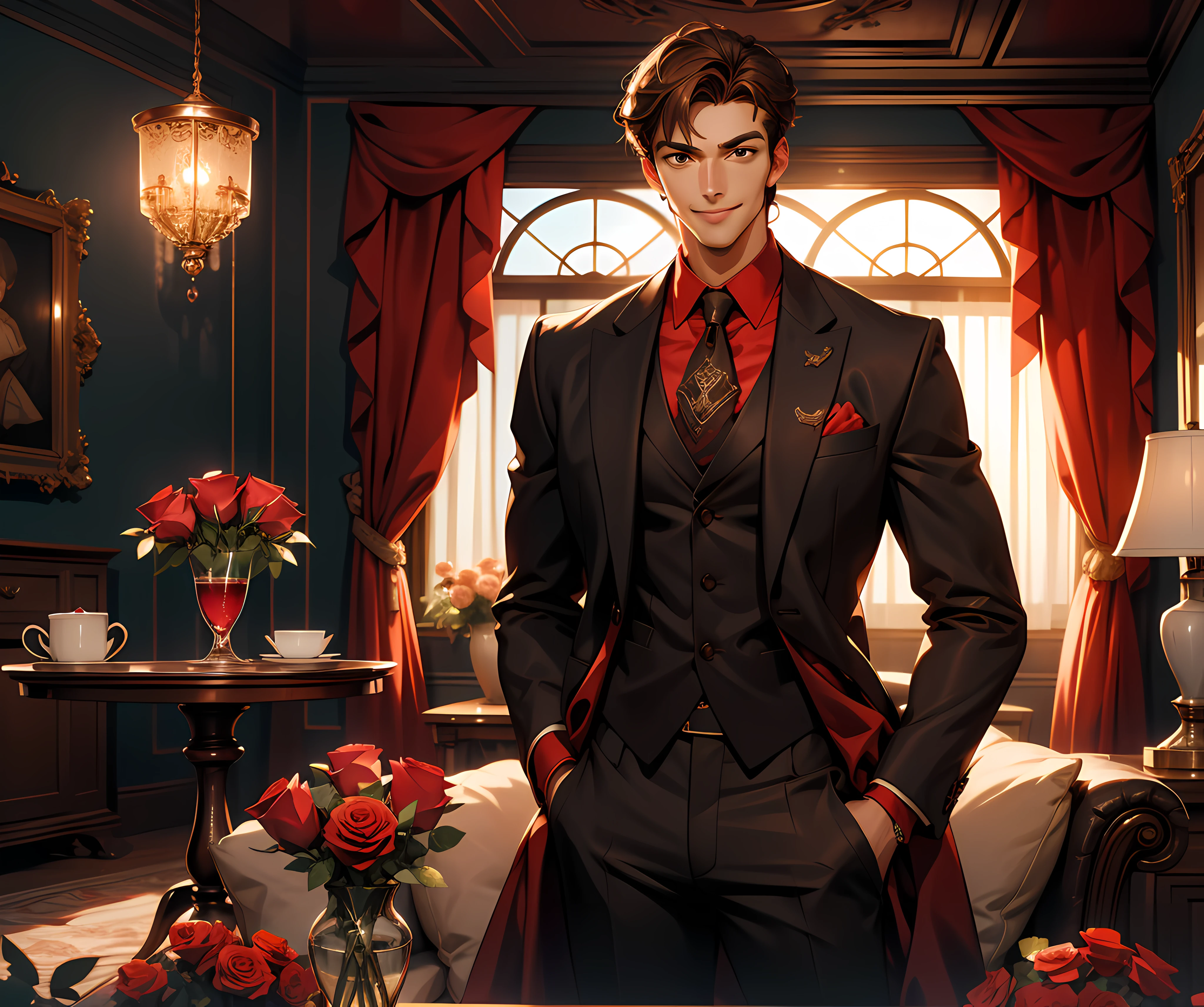 (absurdres, highres, ultra detailed), 1 male, adult, handsome, tall, brown hair, finely detailed brown eyes and detailed face, red silk shirt, black suit pants, smile, classy livingroom, roses, soft lighting, 8k resolution