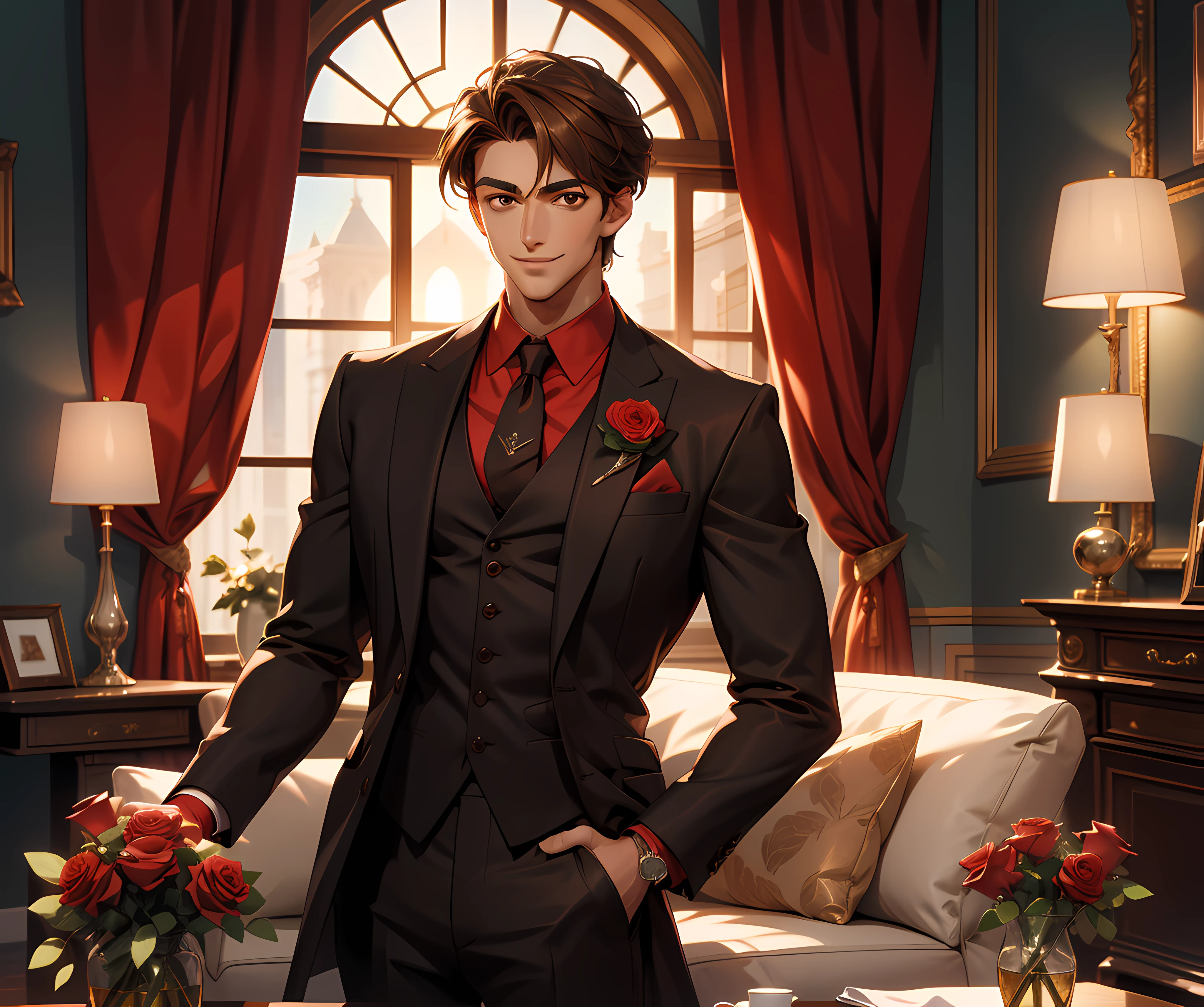 (absurdres, highres, ultra detailed), 1 male, adult, handsome, tall, brown hair, finely detailed brown eyes and detailed face, red silk shirt, black suit pants, smile, classy livingroom, roses, soft lighting, 8k resolution