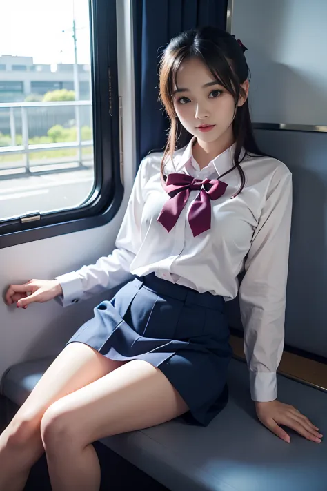 high-angle shot、Alafed asian woman in short skirt and bow tie sitting on train、cute school girl、Japan Female Student Uniform、with a Japanese school uniform、Surreal schoolgirl in Japan school uniform、a hyperrealistic schoolgirl、schoolgirl in school uniform、...