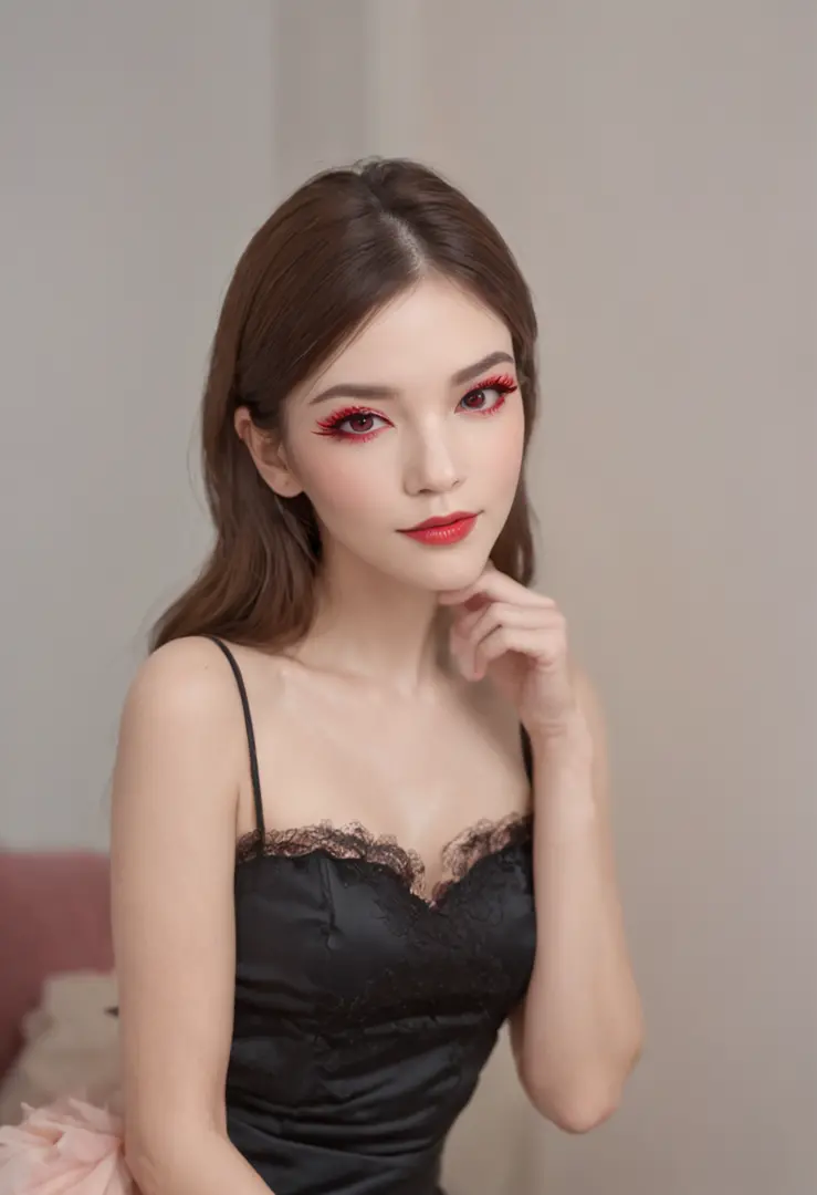 Tight black luxury mini-dress. Filmed in a bedroom in a luxury home. Posing to show off her legs. Red eyeliner and beige eyeshadow are used to enhance the eyes. Her eyelashes are long and her gaze is slightly droopy. Her cheeks are tinted a pale pink, as i...