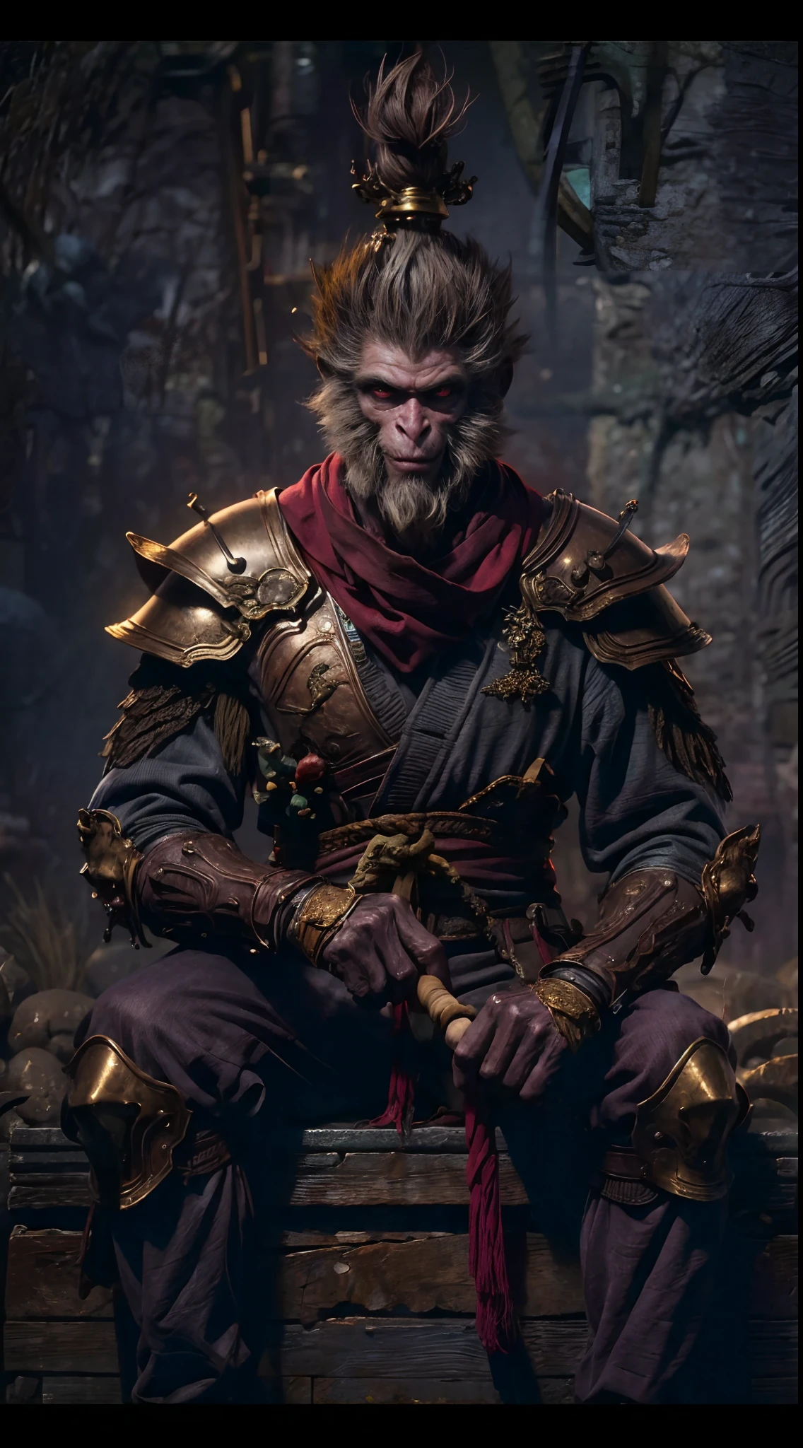 （irascible, irate，Qi Tian Great Sage，Monkey king，A high resolution, super-fine）, （Sharp-billed monkey gills）, Tour of the Dark West，pan（((Red glowing eyes))）looks into camera, evil look, Clear facial features, （Golden Hoop Curse）,On his shoulder hangs a long golden stick。, to grin, Monkey teeth exposed, Dressed in gorgeous armor, The red scarf sways in the wind，Monkey King's face, Shoulder armor youkai skeleton decoration, flame, Sit on Yokai Head Mountain, Kingly temperament, Full body photo, cinematic rim light, The light is delicate, tmasterpiece, ultra - detailed, Epic composition, super HD, high qulity, HighestQuali, 32K, grin, poison fangs
