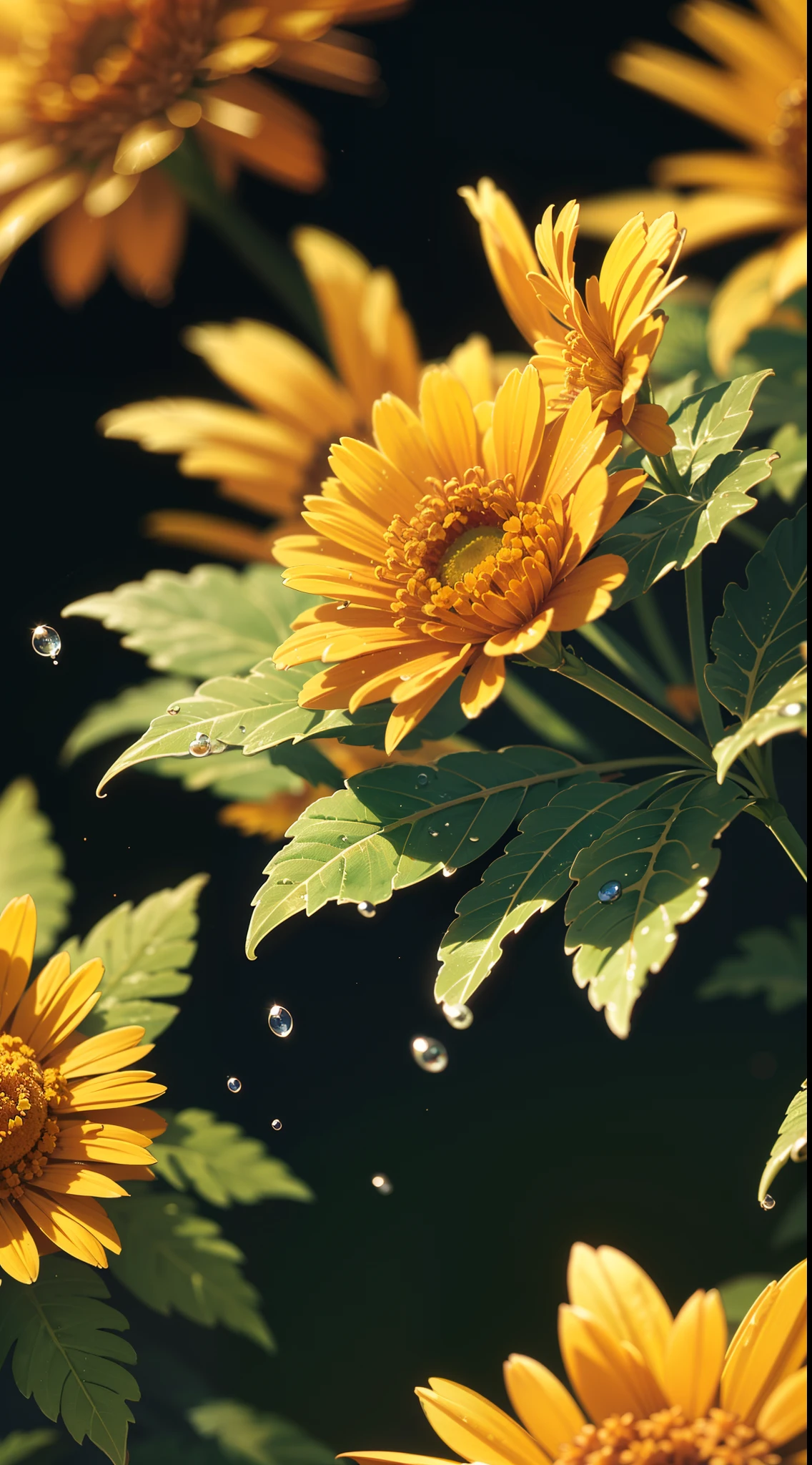 microscopic world , Masterpiece , Macro photography , cobweb, film grain, bokeh , smoke , highly detailed, Bright sunny weather, microflowers, drops, blur, realistic marigold close-up, azure background, soft contrast, octane render , unreal engine