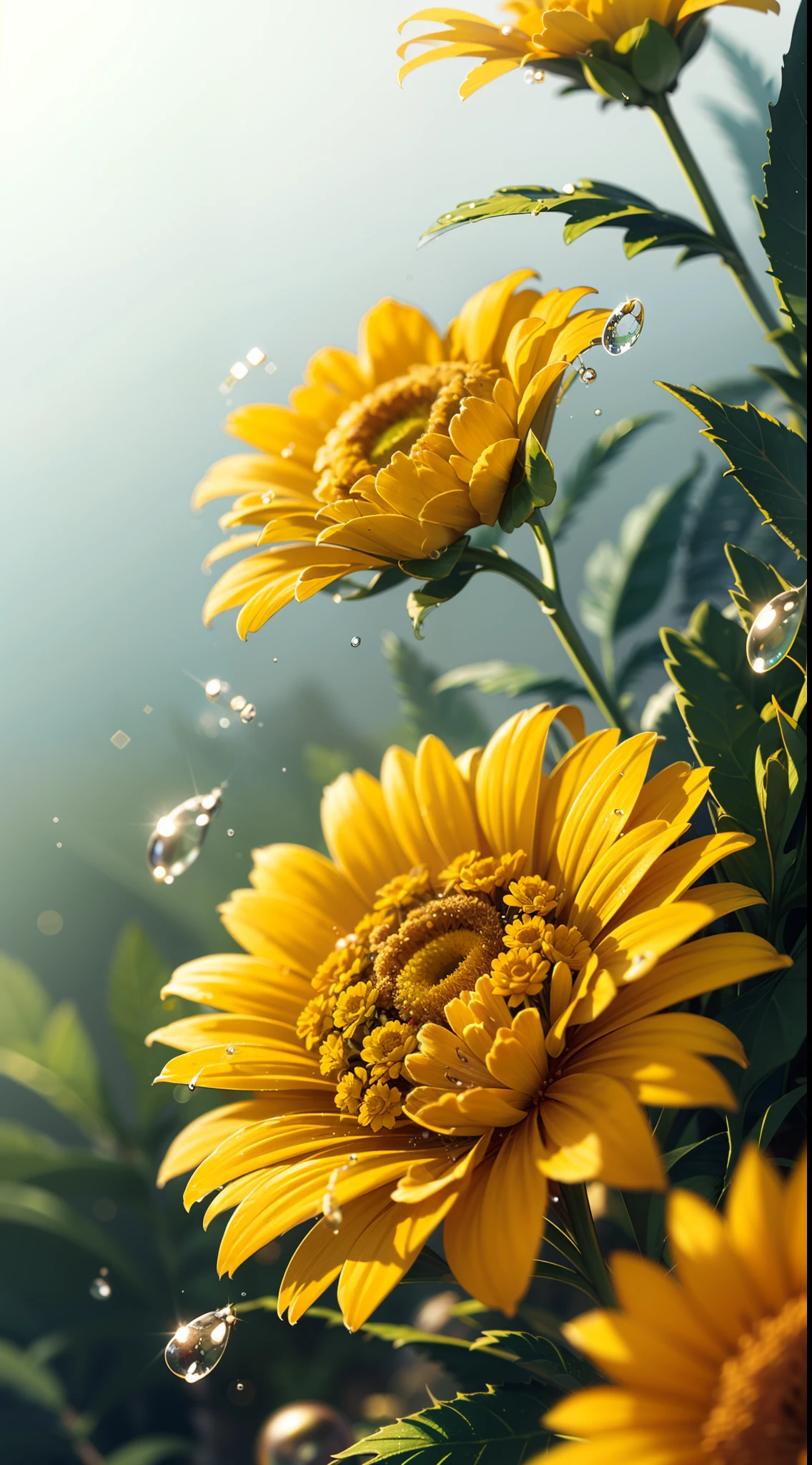 microscopic world , Masterpiece , Macro photography , cobweb, film grain, bokeh , smoke , highly detailed, Bright sunny weather, microflowers, drops, blur, realistic marigold close-up, azure background, soft contrast, octane render , unreal engine