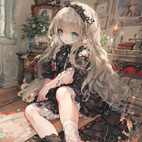 very cute female child:1.1,10 yo,Gothic Lolita:1.8,dutch angle shot,ground-level shot,low angle,full body shot,medium shot,Baref...