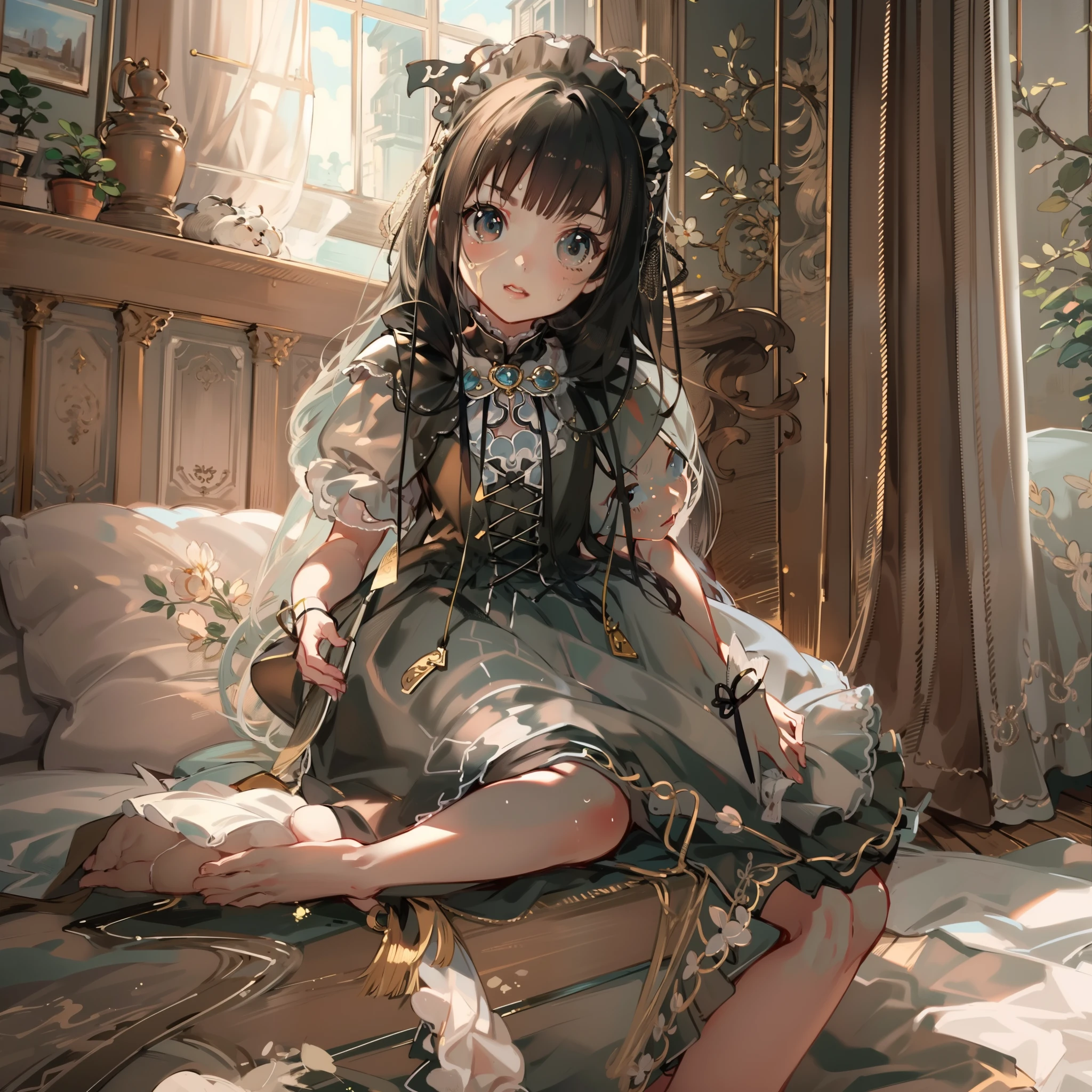 very cute female child:1.1,10 yo,Gothic Lolita:1.8,dutch angle shot,ground-level shot,low angle,full body shot,medium shot,Barefoot,livingroom:1.5,Summer,day, Long hair,flat chest,Wind,Drooping sweat:1.1,(4K), (Raw photo: 1.2), (Realism: 1.4), (masutepiece: 1.3), (exquisite detailing: 1.2), Delicate and beautiful details, (Eye Detail), (Facial Detailed), (Highest Quality) :1.4), (Hyper-Resolution: 1.2),(very detailed illustration), Best Quality,depth of fields, Wide light, natural shadows