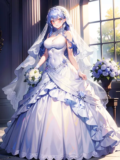 ，wedding gown，Bride，marriage，Beautifully dressed，Shiny clothes，Lace on clothes，Clothes lace，Large skirt，Lace trim，stand posture，facing the front there，Flowers in hand，ssmile，light yarn，full bodyesbian,shawl，Color chrome，