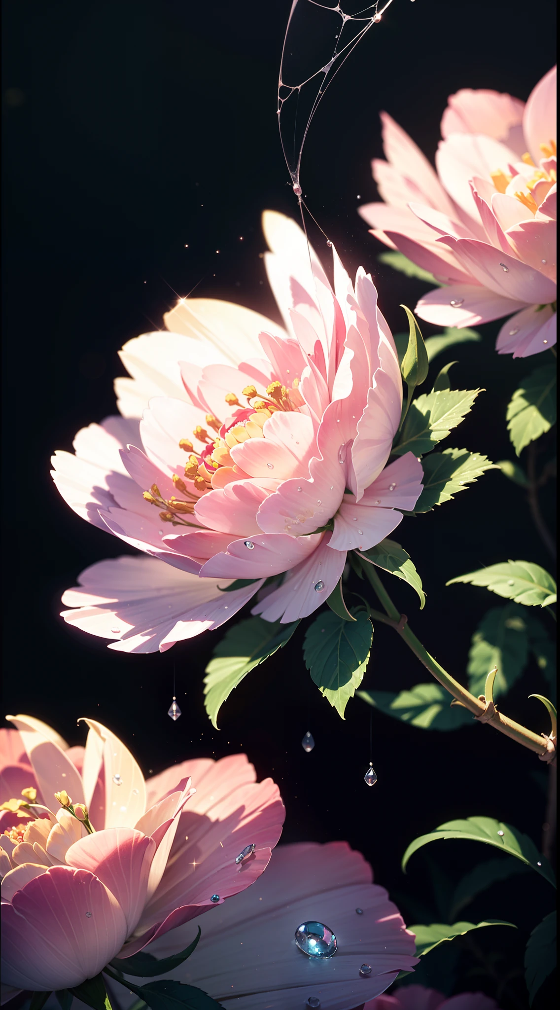 microscopic world , Masterpiece , Macro photography , cobweb, film grain, bokeh , smoke , highly detailed, Bright sunny weather, microflowers, drops, blur, realistic 1peony 1rose close-up, azure background, soft contrast, octane render , unreal engine