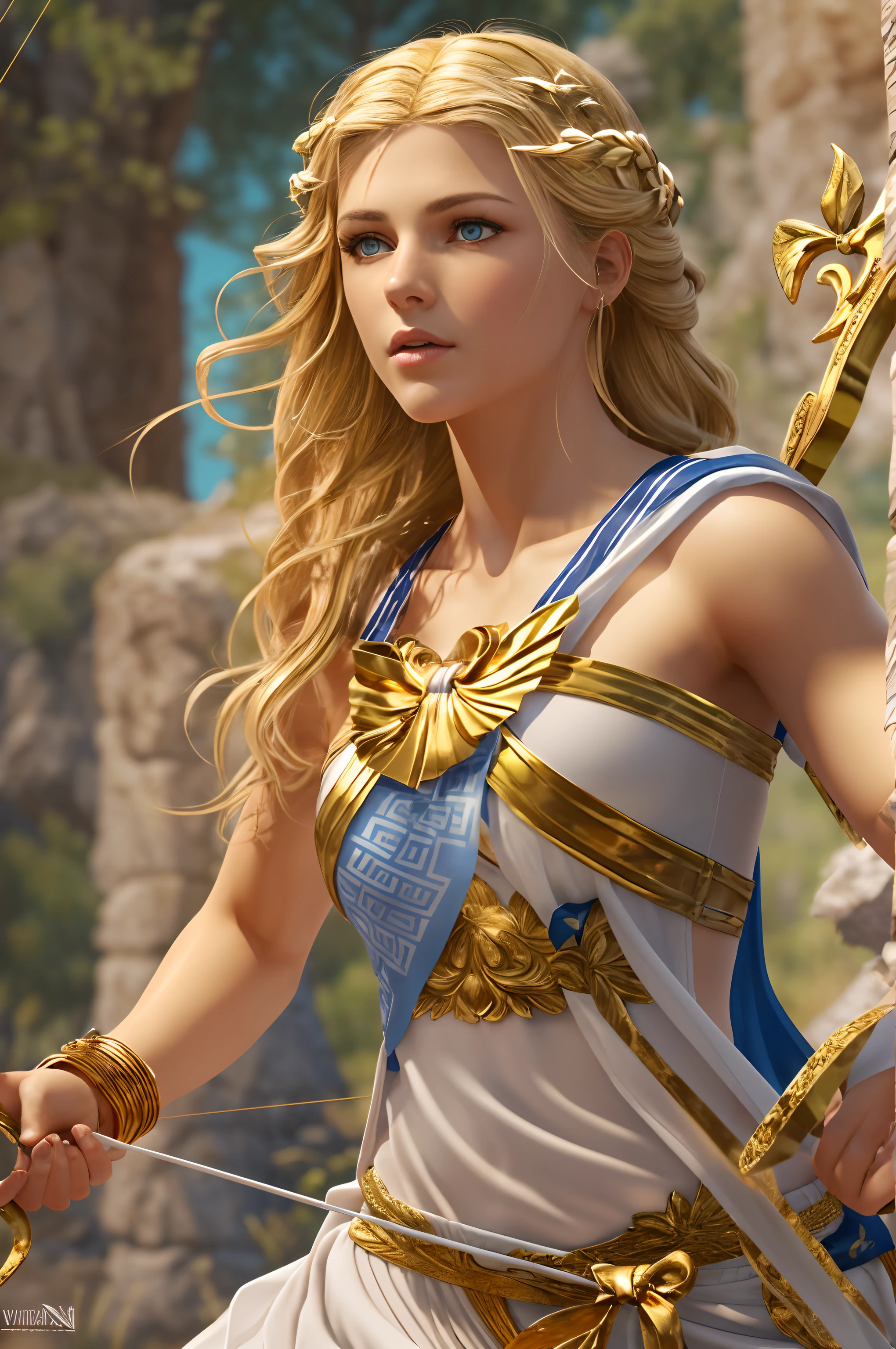 Young virgin greek goddess of wild nature and hunting, with (((Blonde hair))) And (((Blue eyes))), Amazingly beautiful, is fair-skinned, slender and tall, Show off her perfect pair of long legs, wears {sleeveless, (Very short: 1.7), (white:1.5), Greek chitons, With golden border}, Abs, "Looks strict and determined", What's on ((Golden bow)), Running and chasing prey, archery, Mythical Arcadian mountains and forests, Greek mythology, vibrant and lively atmosphere, Photorealiatic, Hyper-Realism, ultra-quality, Super Detail, ultra accurate description of hand, masutepiece, 8K, nffsw