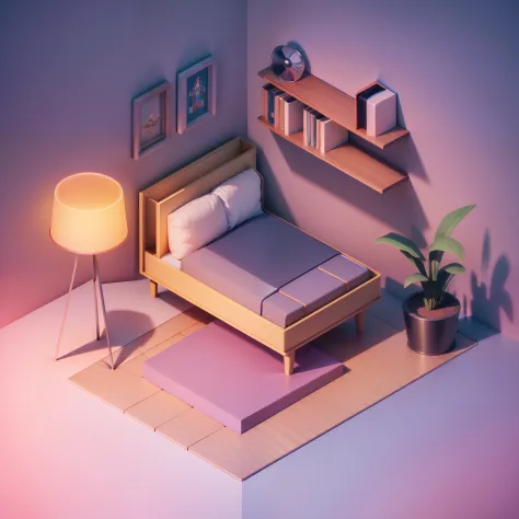 "(Isometric perspective:1.5),(pixar-style:1.2),There is a bed in the bedroom,sofe,table light,Study desk,janelas,Wall paintings,3 d modelling,pink back ground,Global illumination,Ray traching,hdr,rendering,unreal render,best qualtiy,8K,"