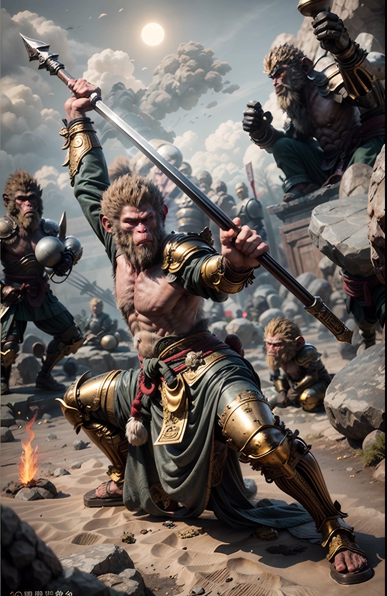 Anthropomorphic male monkey man with golden hoop stick in his hand, bo staff, Sun Wukong, Wukong, fighting Buddha, normal hands, flame clouds under his feet, fire eyes golden eyes bright and brave, very beautiful anthropomorphic monkey, fighting stance, Guan Yu, inspired by Huang Shen, inspired by Hu Zaobin, legendary monkey god holding a spear, golden chinese style armor, battlefield background, burning fire aura,