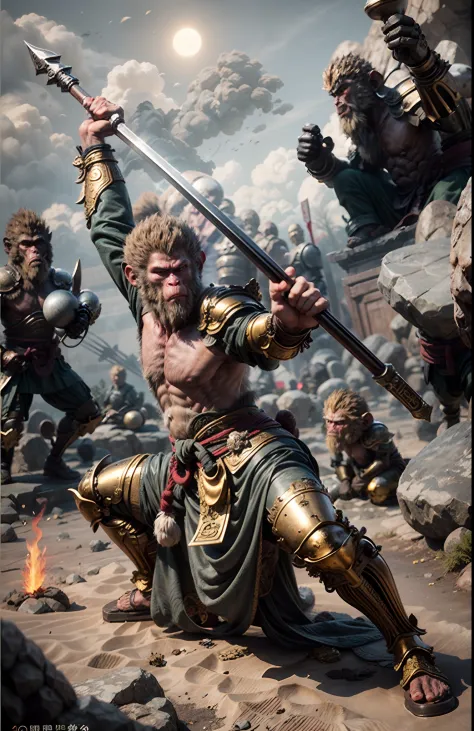 Anthropomorphic male monkey man with golden hoop stick in his hand, bo staff, Sun Wukong, Wukong, fighting Buddha, normal hands,...