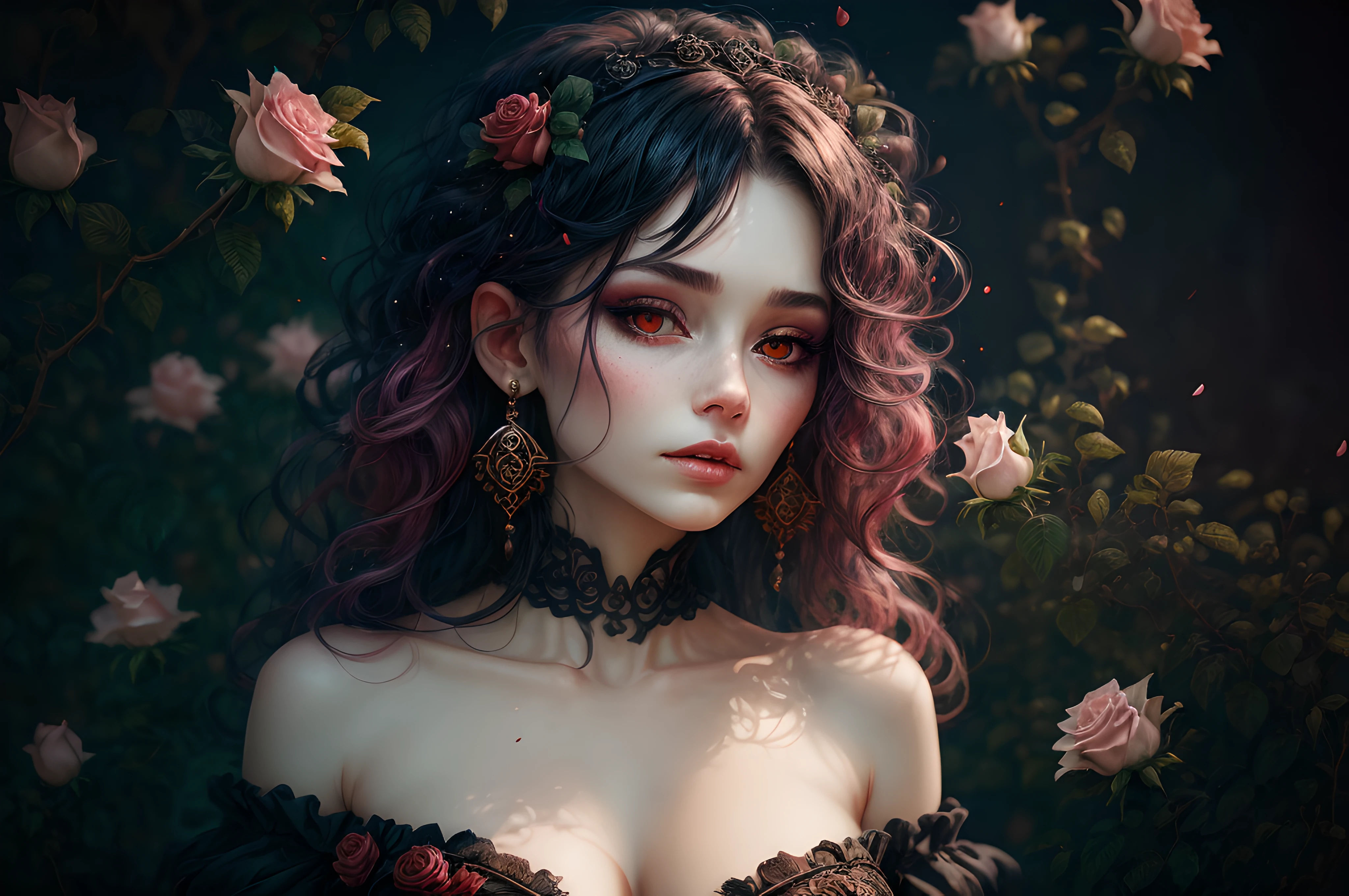 ((masterpiece)), Vampire princess, (absurdres, highres, ultra detailed),1girl, backlighting, bare shoulders, black background, black gothic dress, black and pink hair, blood, cowboy shot, dress, ornate ancient earrings, expressionless, roses, light particles, long hair, looking at viewer, off-shoulder gothic ancient boned design dress, rose petals, red eyes,