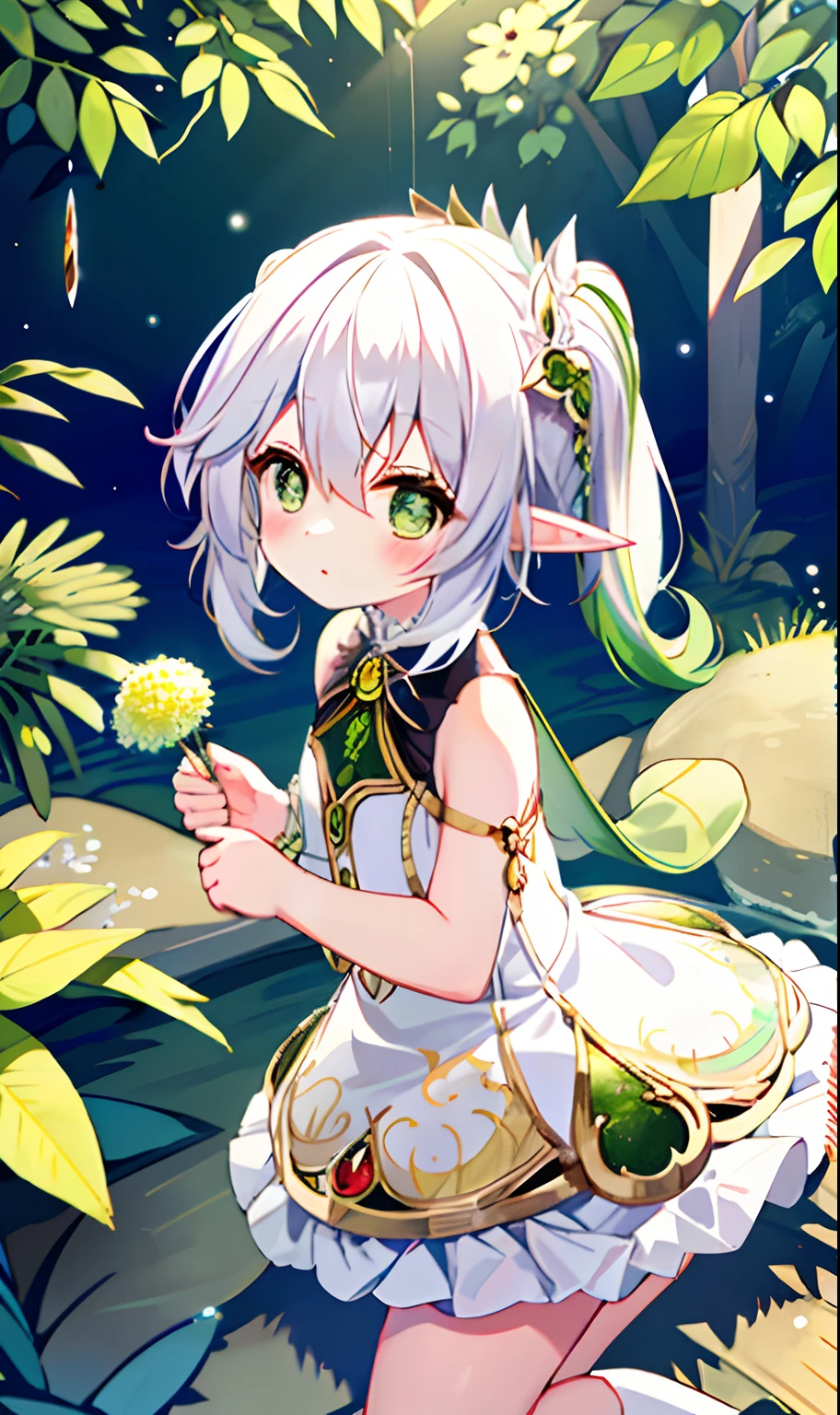 （white backgrounid：1.4），（tchibi：1.2），
tmasterpiece，Best quality，
solo，（（Extremely delicate and beautiful girl）），（full bodyesbian：1.2），elvish ears，hair adornments，Broken hair，short detailed hair，Light green eyes，Small，white dresses，，（Ruffles），（White_upper legs），Hold the，Keep one's mouth shut，
fanciful， （Surrounded by waves）， nahida， Sexy big ass