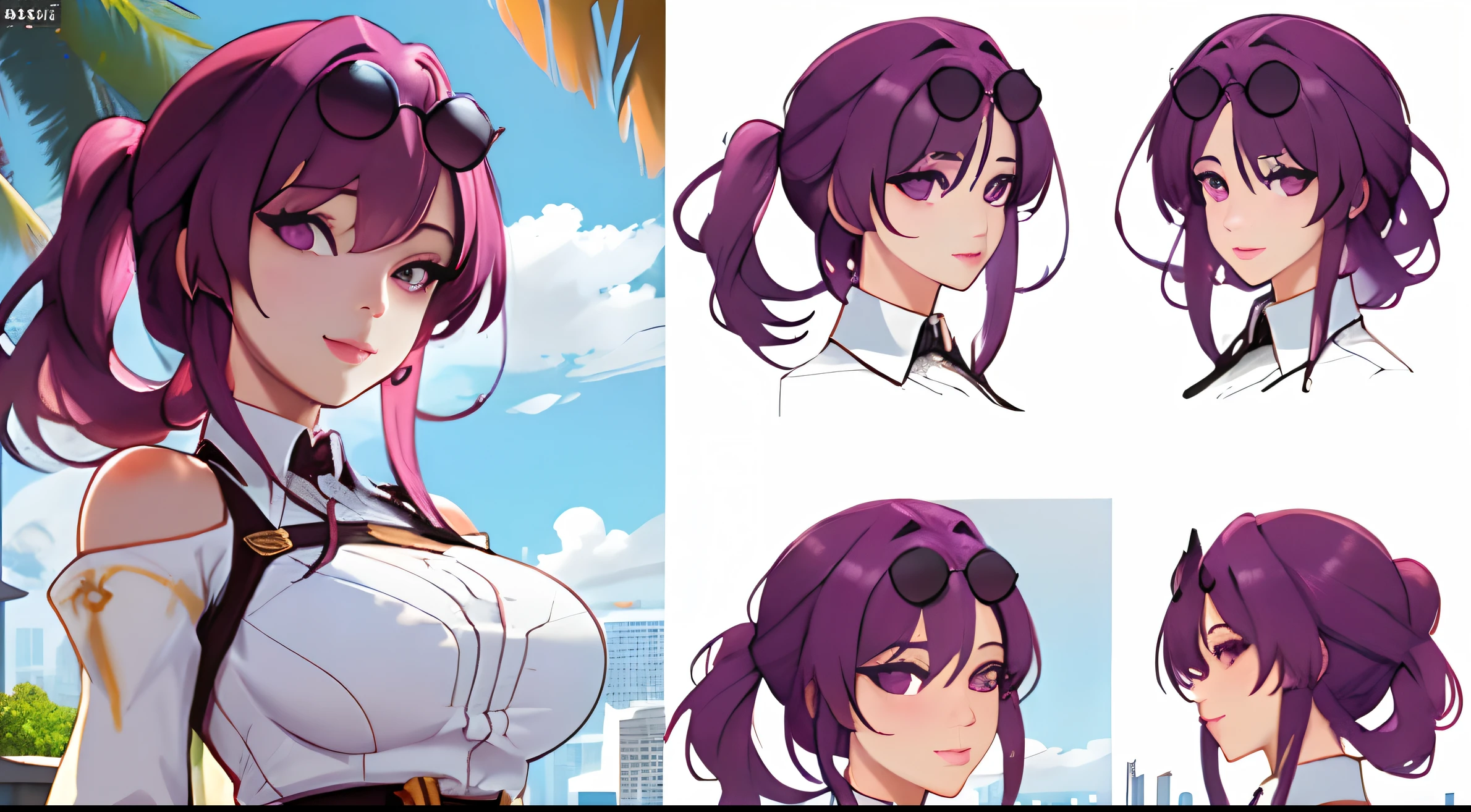 masterpiece, best quality,kfk, 1girl, bangs, bare_shoulders, skirt, breasts, gloves, jewelry, large_breasts, long_hair, long_sleeves, pantyhose, purple_eyes, purple_hair, shirt, solo,viewer,sunglasses,bikini, (sun, cloud,renaissance city around water,outdoors :1.1),rendered in blender((isometric)),character design sheet，Character emoticon design table，Character costume design sheet，（reference sheet：1.5）,