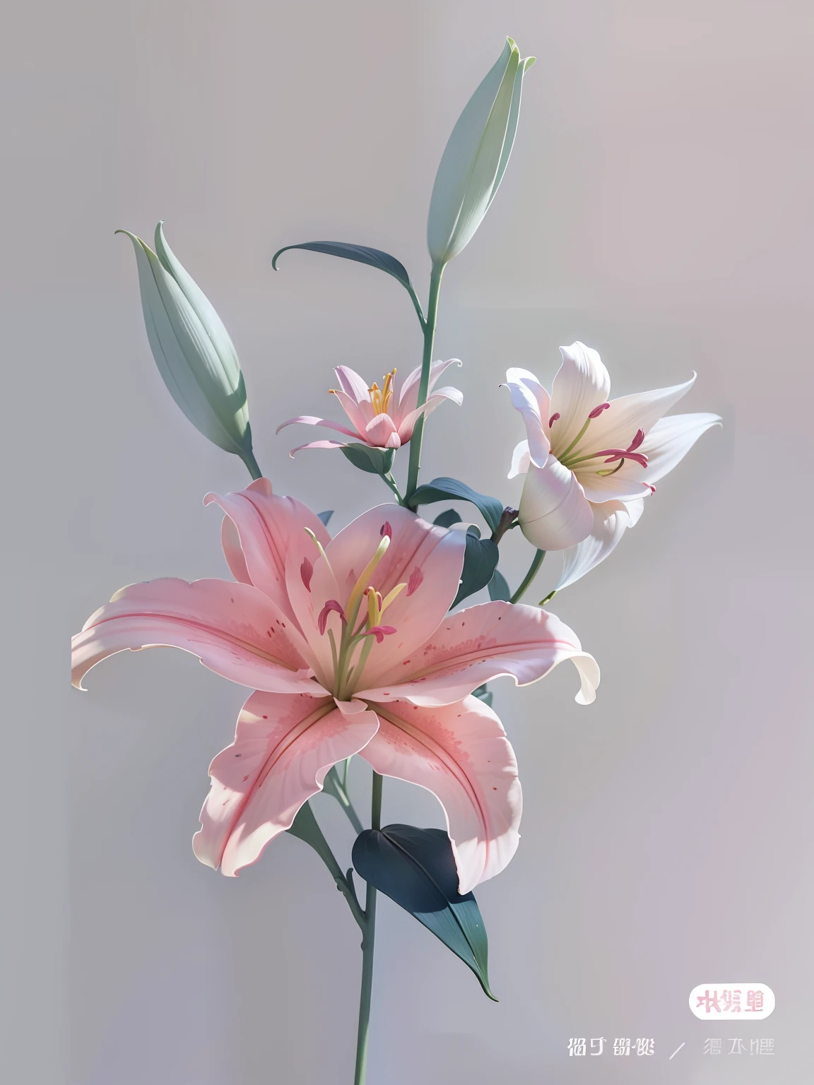 Uniquement des plantes，Personne、Lys rose、illustration réaliste、Style Mucha、qualité supérieure、Résolution Super A、Le corps de l’image est au milieu、le fond est blanc