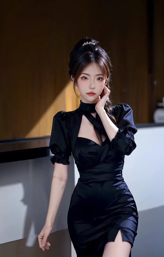 A beautiful woman in a black dress，the breasts are large，Liuhai hairstyle，Ponytail hairstyle，Stand dignified，High image quality