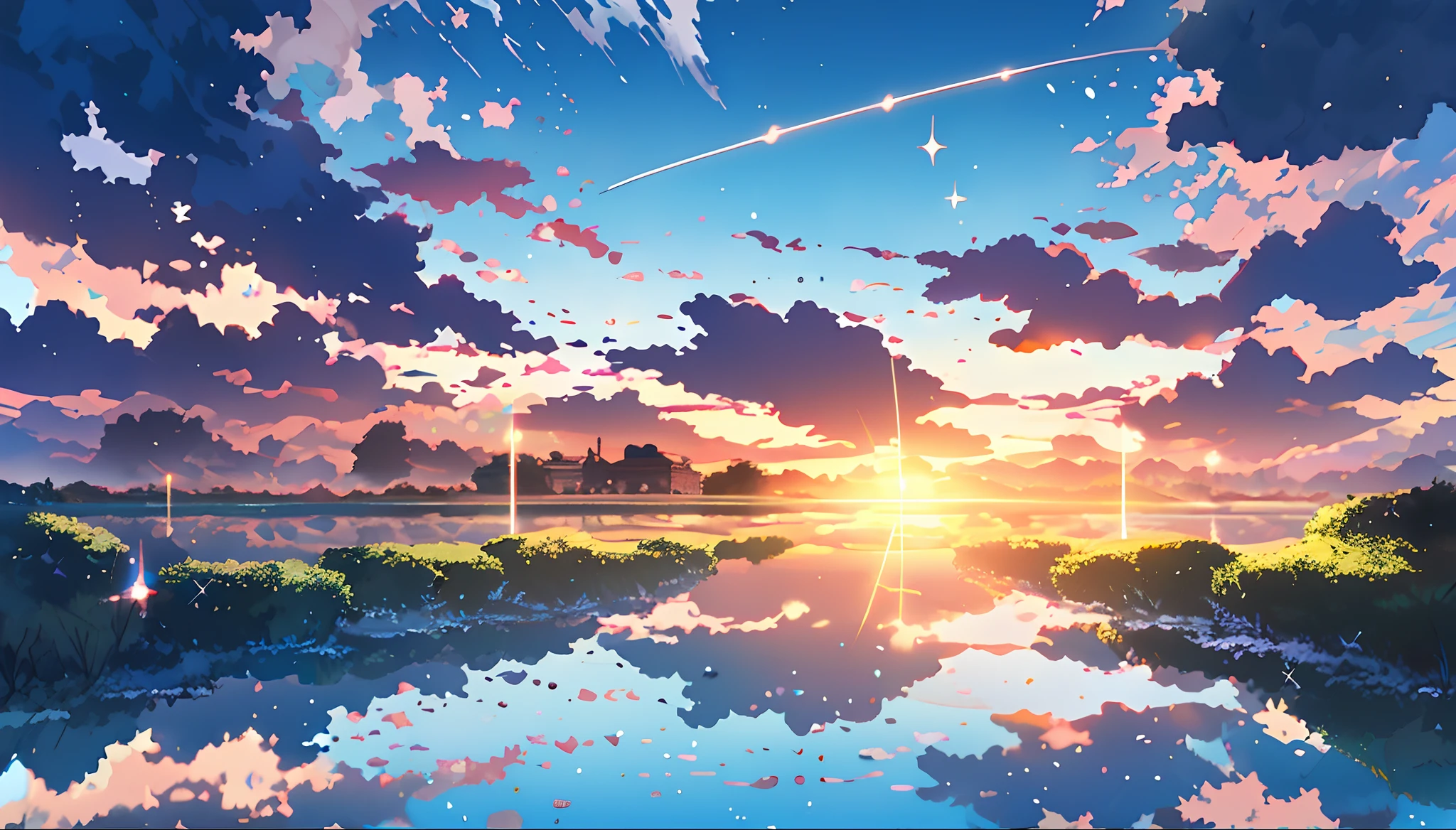 Anime scenery of a lake with a sunset and stars - SeaArt AI