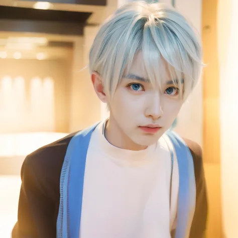 Anime boy with white hair and blue eyes staring at the camera, hajime yatate, kaworu nagisa, white haired Cangcang, gapmoe yande...
