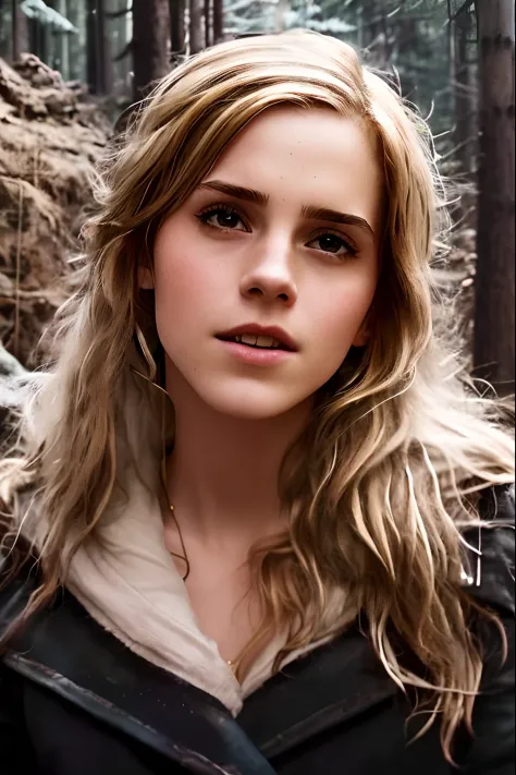 ((gold hair+long whitr hair):1.2) of women watching the camera in the forest, (Hermione)+(hermione granger)+(emma!!)+(Watson!)Nun's(karol bak)+[Queen Emma Watson, Ancient Queen],Inspired by:(Emma Rios),Portrayed by Emma Watson(DrAda)+[Hermione Granger],《ga...