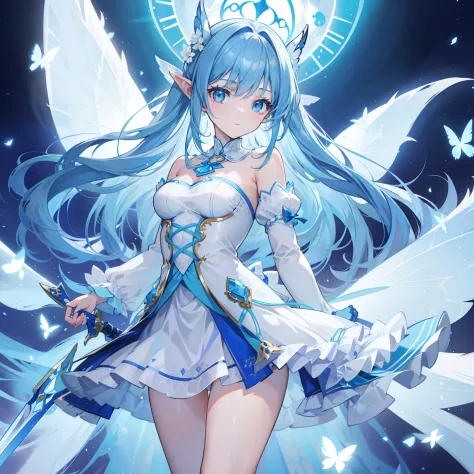 Slightly blue hands with white figure-eight bangs，Fairies dressed in soft clothes flutter blue and white yarn，She is a fairy-like sword cultivator girl