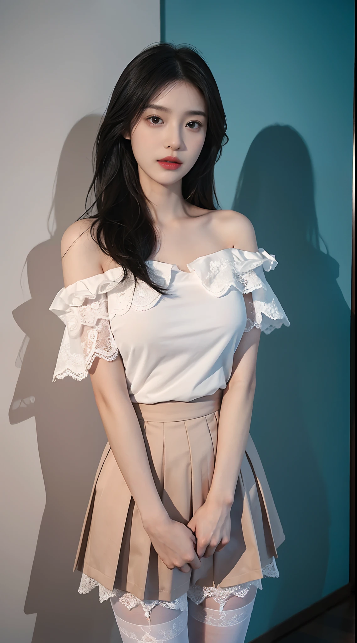 A perfect young female white-collar worker，Chinese big breasts，High picture  quality，Works of masters，Black hair，Long hair shawl，Long hair flowing over  the shoulders，cropped shoulders，鎖骨，exquisite face，Hydrated red lips，Pink  lace-trimmed