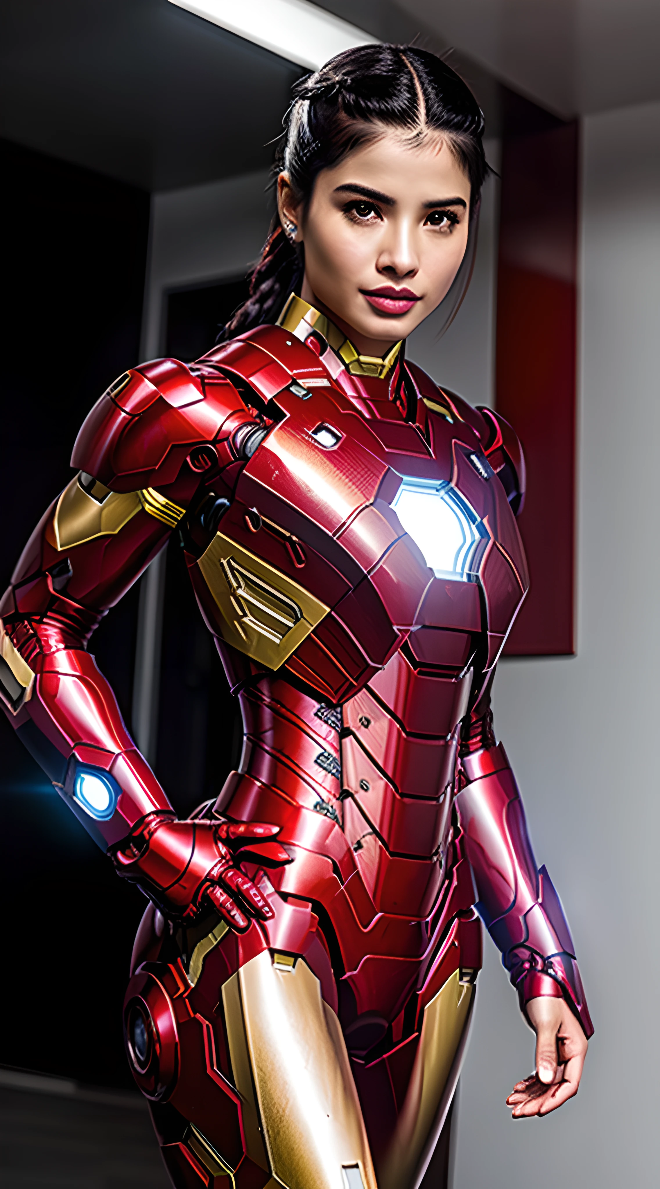 anne curtis, iron man, long pony tailed hair, fit body, sexy physique, detailed face, real life, doing iron man pose, Hi-resolution