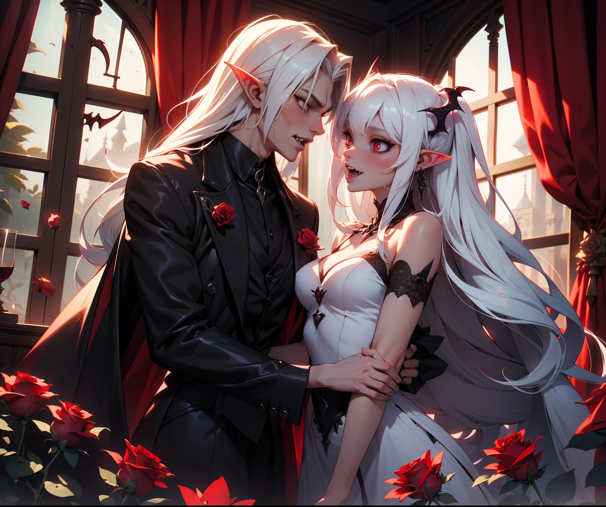 (absurdres, highres, ultra detailed), a sweet vampire couple, long white hair, fangs, pointy ears, vampire goth palace, romantic atmosphere, dark red roses, soft lighting, 8k resolution