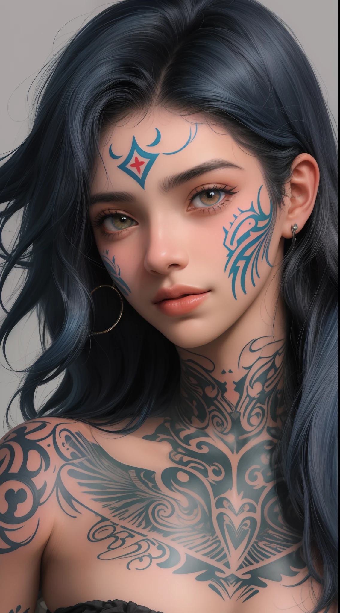 1primer plano de una chica de 18 años con tatuajes en toda la cara ((AFRO AMERICANA)), ((Cabello azul corto y lacio con flequillo)), sonriente,((con varios tatuajes en la cara)), labios carnosos,ojos grandes,pecas en la cara ,lápiz labial rojo,( piercing en el labio),Pegar, arete, y maquillaje, Ángulo de la cara de cerca, mirando a la cámara