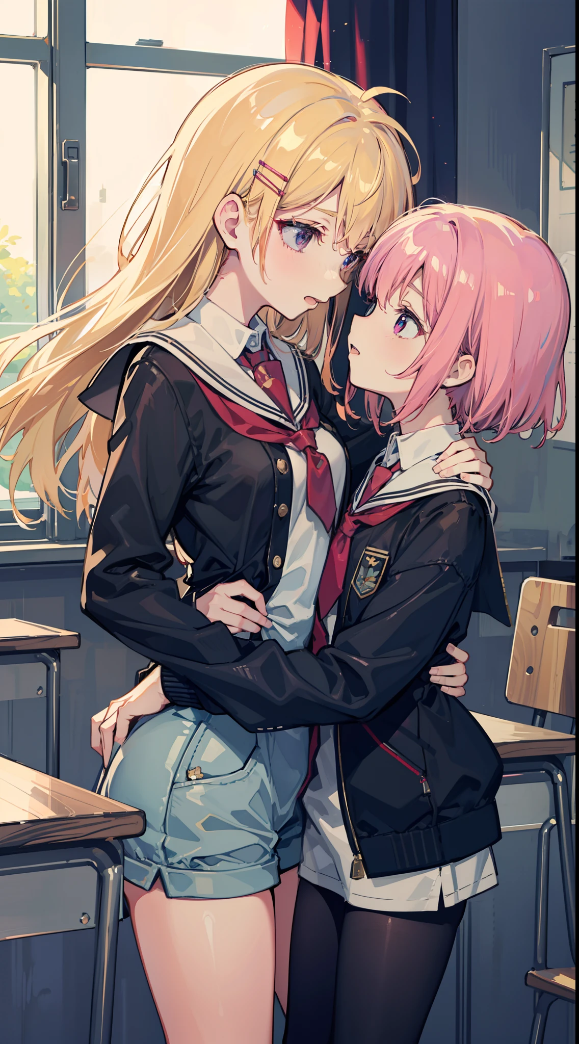 Anime couple hugging in a classroom with desks and windows - SeaArt AI