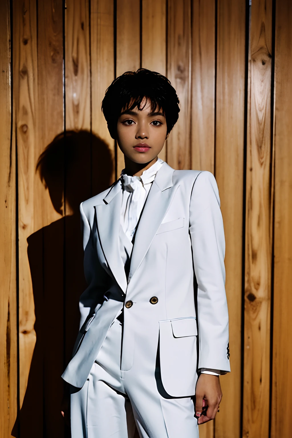 RAW photo, a portrait photo of black woman, one of (high detailed skin:1.2), 8k uhd, dslr, soft lighting, high quality, film grain, Fujifilm XT3, white suit,