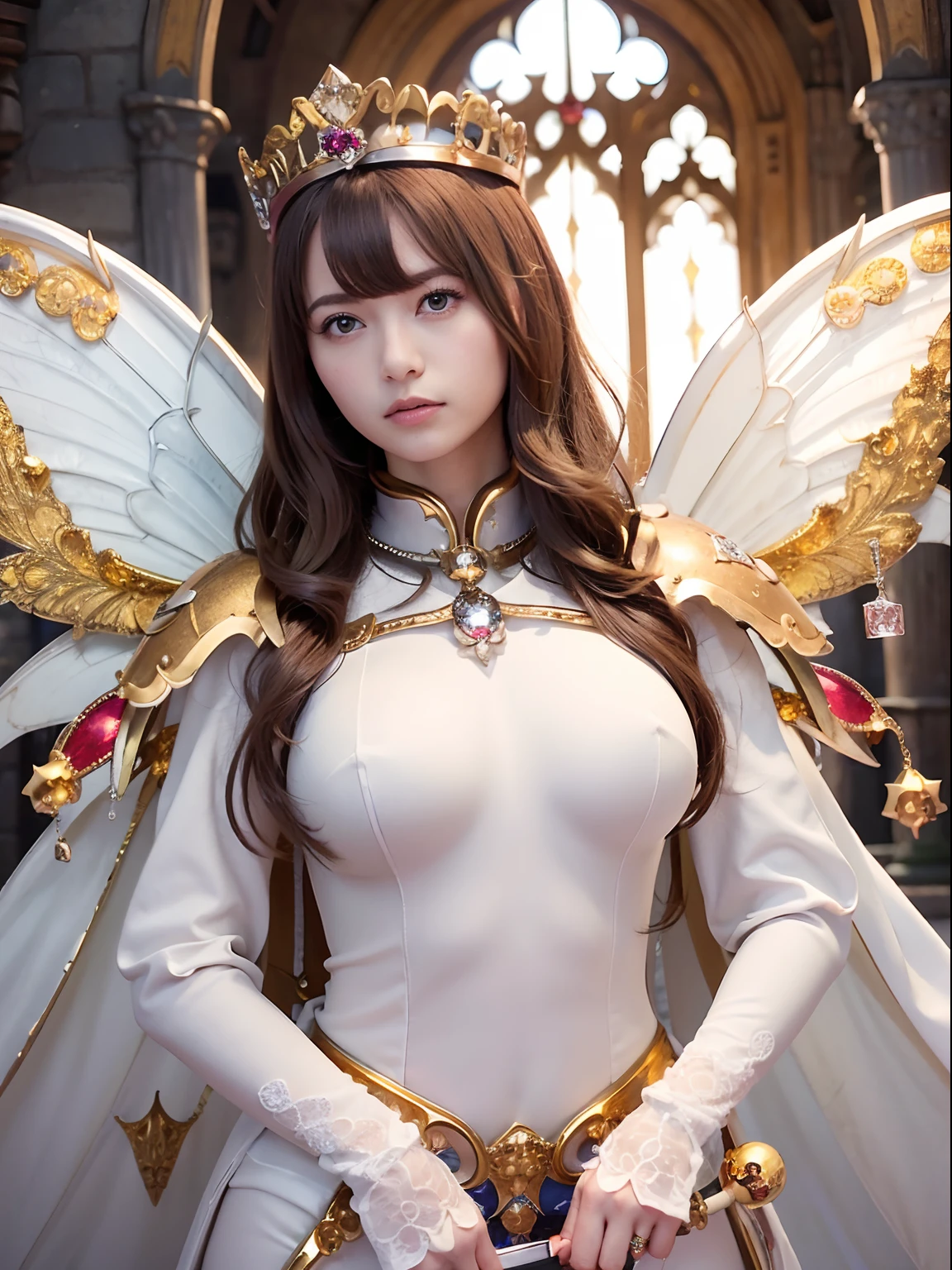 (masutepiece), Professional , ​masterpiece、top-quality、photos realistic , depth of fields （Gemstone Silver Metal Body:1.９),(Matte White、Jewel Gold Weapon、（Gorgeous castle background）、（ultimate beauty girl）、（Fairy wings grow on her back）、（Jewel Metal Body:1.９),Gorgeous Jewel Metal Weapons , Detailed Sword of the Brave ,（ a blond）   ,warhammer 40k , adepta sororitas,Detail and ornate jewel crown、独奏、Brown hair、（Gangle's forest background）、Beautiful Caucasian beauty、１a person、dynamic ungle,(((Diamond tiara with detail and luxury)))、a small face、Powerful poses、（Gorgeous castle background）、huge filesize、20 year old beautiful woman、Stand in the center of the screen、Thin female fingers、Straight long hair、Beautiful Caucasian beauty、cleavage of the breast、