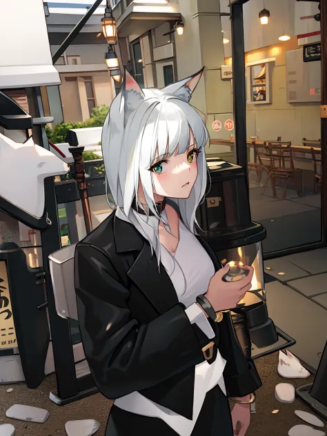 woman in a black suit with white hair and a cat ears on her head, cosplayer, anime cosplay, white - haired fox, woman with cat e...