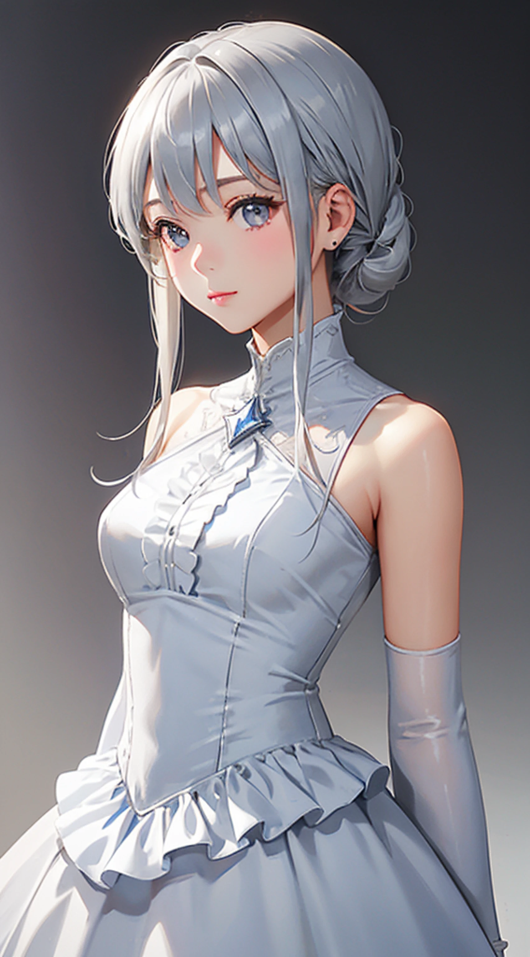 silber hair、Silver Hair Braided Chignon、facing front、frontage、girl with、(Face Details:1.2)、​masterpiece、Silver eyes、super precision、top-quality、Top image quality、Ultra-precise depiction、8K picture quality、simple background、Ruffled dress、off shoulders、Detailed hand、Detailed finger、simple background、white backgrounid、