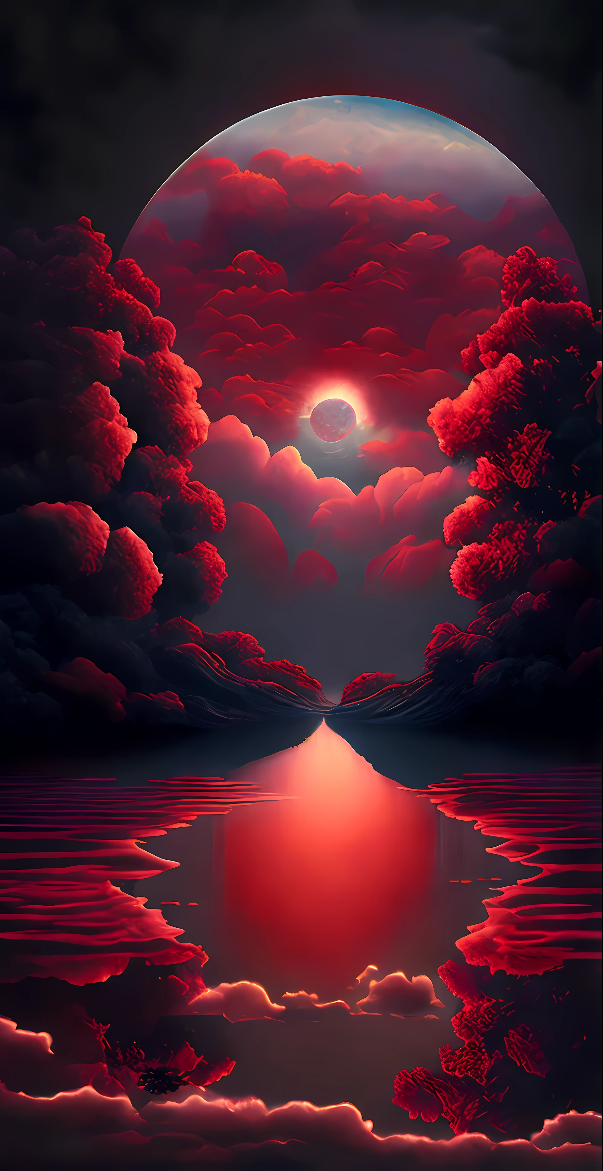 "obra-prima surreal. qualidade excepcional. detalhes surpreendentes. Renderização surreal em CG de uma lua vermelha escura erguendo-se acima de um lago tranquilo cercado por nuvens vermelhas, polimento de iluminação de carro, Grande área de nuvens e neblina em tons luminosos, Iluminação Celestial, Iluminação cósmica, Experimente a fusão de elementos abstratos e realistas. Cores vibrantes e contrastantes. atmosfera misteriosa. Técnica surrealista na representação de objetos e figuras. Texturas e formas orgânicas. Inspiração onírica. Composição e perspectiva surpreendentes. Entre em um mundo surreal cheio de surpresas e emoções."