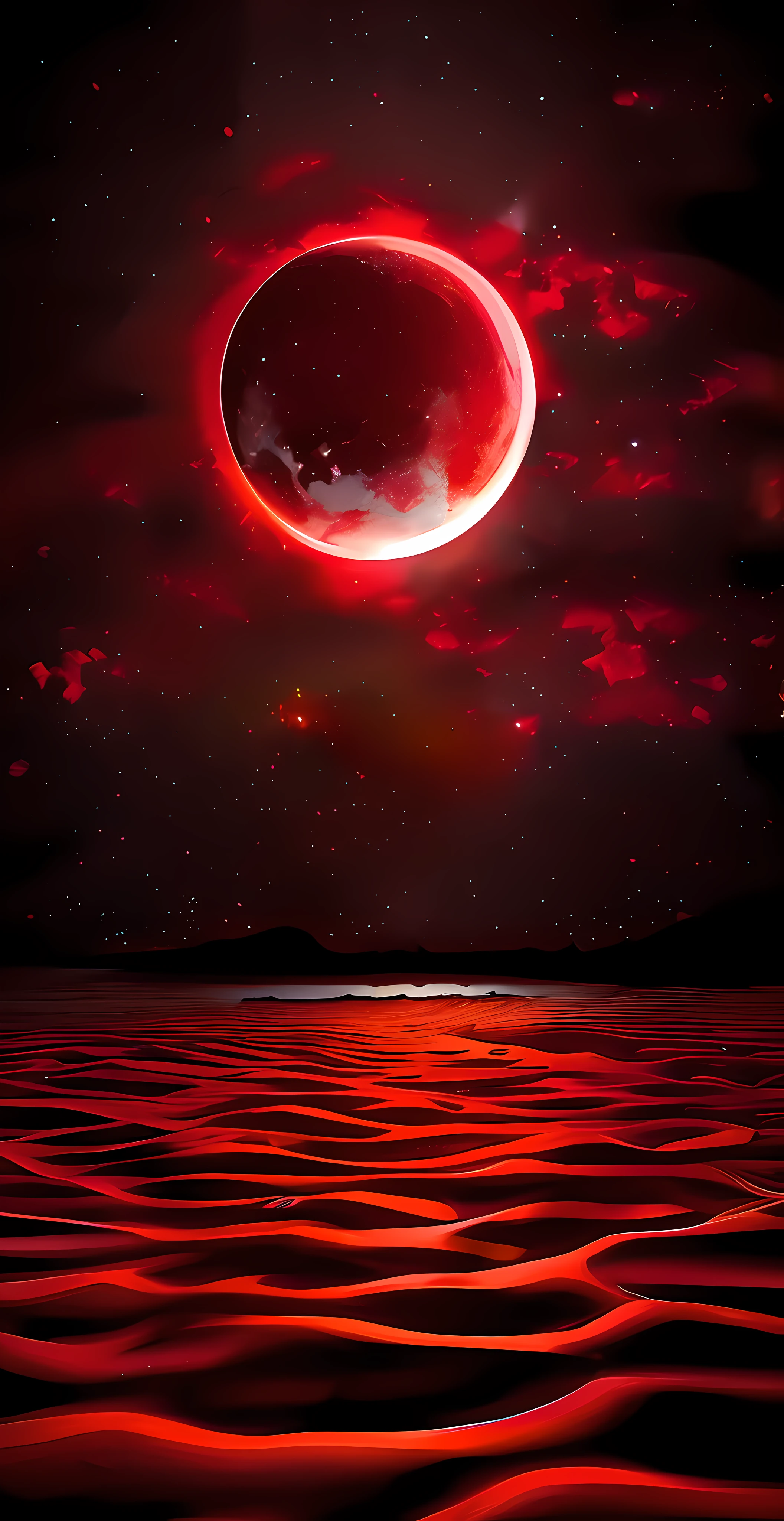 "Obra maestra surrealista. calidad excepcional. detalles sorprendentes. Surreal CG rendering of a dark red moon rising above a tranquil lake surrounded by red clouds, autoiluminado, Large area of clouds and fog in luminous tones, celestial lighting, Cosmic illumination, Experience the fusion of abstract and realistic elements. Colores vibrantes y contrastantes. Mysterious atmosphere. Surrealist technique in the representation of objects and figures. Organic textures and shapes. Dreamlike inspiration. Surprising composition and perspective. Adentrarse en un mundo surrealista lleno de sorpresas y emociones."