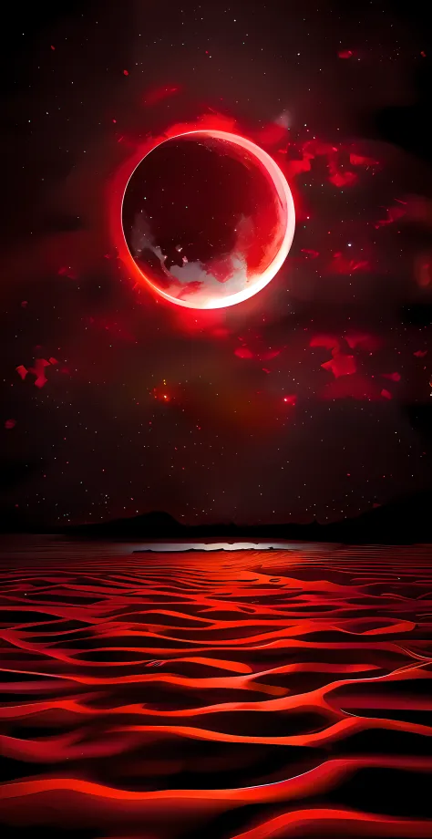 "Obra maestra surrealista. calidad excepcional. detalles sorprendentes. Surreal CG rendering of a dark red moon rising above a t...
