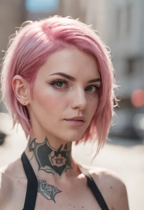 Portrait of a pink haired cyberpunk woman with tattoos in the city with ...