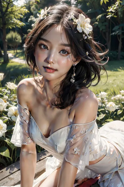 Constance Wu, Best quality, masterpiece, ultra high res, (photorealistic:1.4), raw photo, 1girl, white dress, off shoulder, blossom flower field, glowing skin, light smile