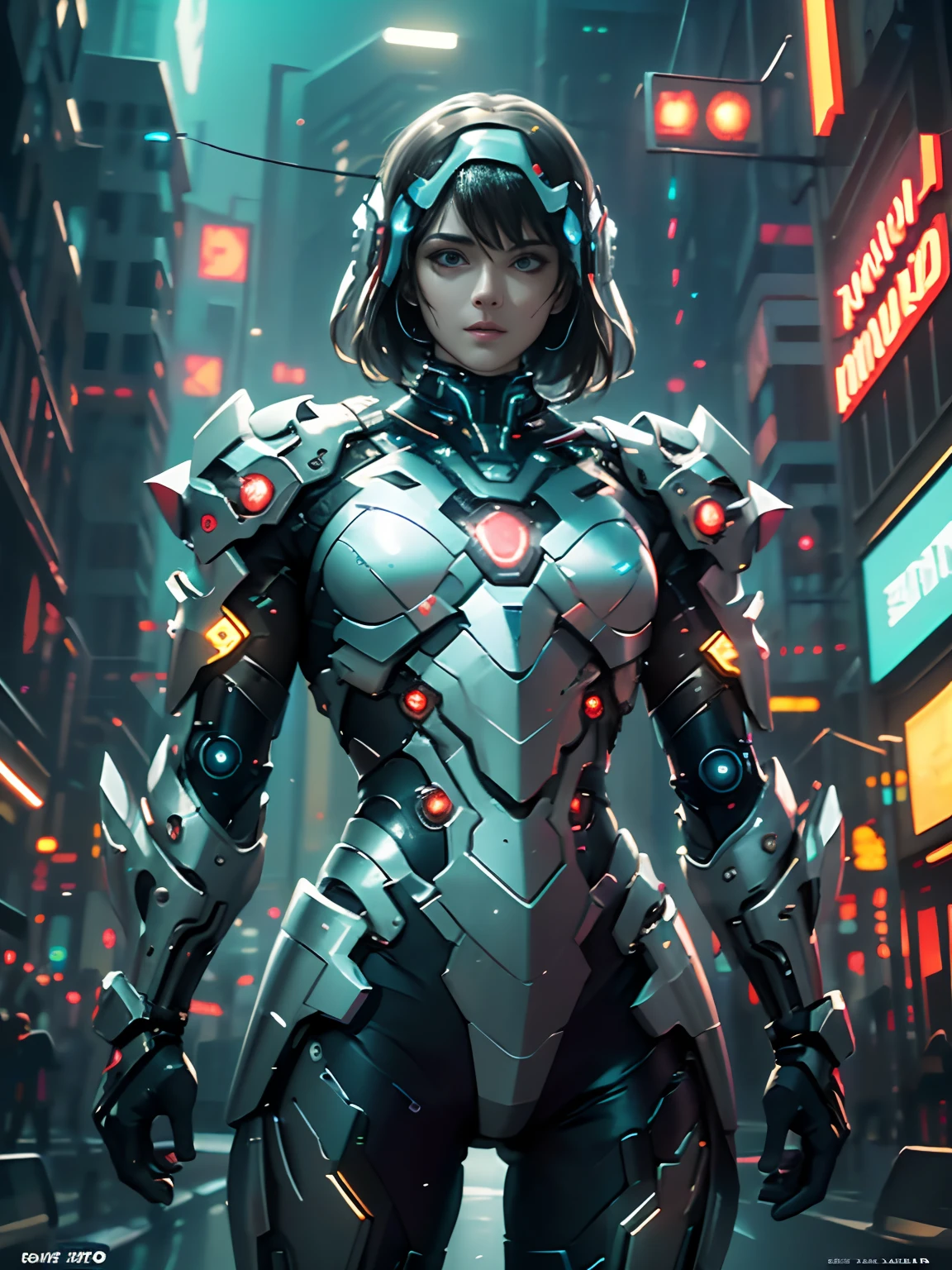 (best quality:1.3), (best performance:1.2), (best illustration:1.2), (Comic style:1.2), (artistic cinematic lighting:1.2) (1man) wearing futuristic technological Cyberpunk electronic robes, his body is covered by metallic parts, in a cinematic horror movie background in a futuristic Cyberpunk city.