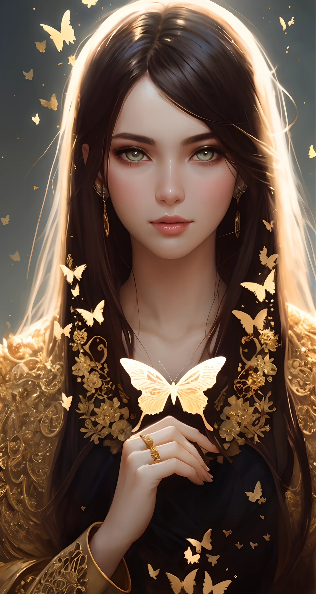 photo, 8k portrait of beautiful cyborg with brown hair, intricate, elegant, highly detailed, majestic, digital photography, art by artgerm and ruan jia and greg rutkowski surreal painting gold butterfly filigree, broken glasasterpiece, sidelighting, finely detailed beautiful eyes: 1.2), hdr, realistic, high definition