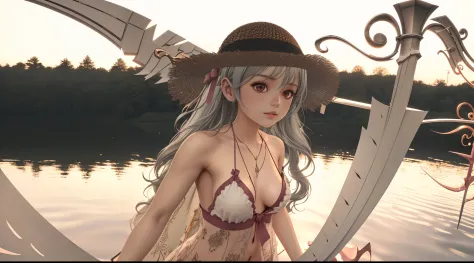 ((Best quality)), ((Masterpiece)), ((Ultra-detailed)), (illustration), (Detailed light), (An extremely delicate and beautiful), Dramatic perspective,A charming young girl,Lucif swimsuit,(((Armed with a scythe)))