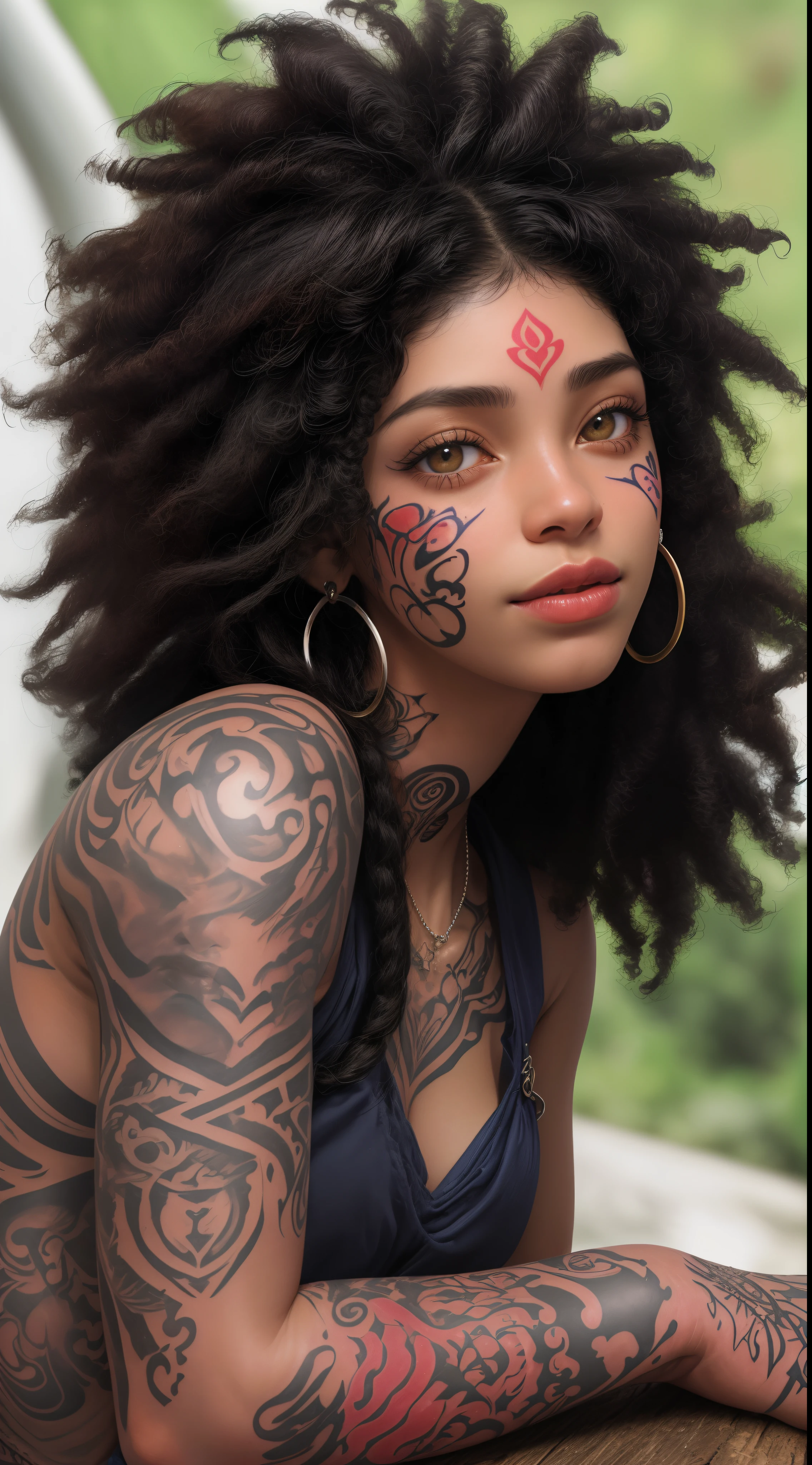 1Primer plano del perfil de una chica de 18 años tatuada en toda la cara ((afro americana), ((pelo corto y liso con flequillo)), sonriente,((con varios tatuajes en la cara)),( labios carnosos)ojos grandes,pecas en la cara ,lápiz labial rojo,( piercing en el labio),Pegar, arete, y maquillaje, Ángulo de la cara de cerca, mirando a la cámara, ((Cerrar foto de perfil))