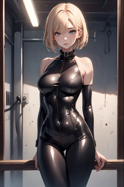 Shackles, BDSM, slave, rubber, black corset, catsuit, collar, nsfw, ((highest quality, 8k, masterpiece: 1.3)), crisp focus: 1.2, beautiful woman with perfect figure: 1.4, slender abs: 1.2, wet body: 1.5, highly detailed face and skin texture, detailed eyes...