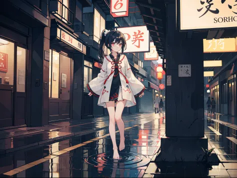 deep in the night，little bit of raining，teens girl，The expression is shy，Black hair with high ponytail，Wear white and red Taoist clothing，Comfortable robe sleeves，Clothes hang down to the ankles，Loose collar，The placket is inlaid with delicate embroidery o...