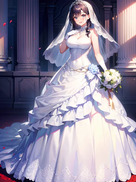 ，wedding gown，Bride，marriage，Beautifully dressed，Shiny clothes，Lace on clothes，Clothes lace，Large skirt，Lace trim，stand posture，facing the front there，Flowers in hand，ssmile，light yarn，full bodyesbian,cleanness