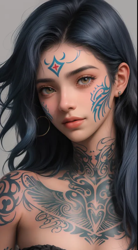 1closeup de uma garota  18 anos tatuada no rosto todo ((AFRO AMERICANA)), ((cabelo azul curto e liso com franja)), sorrindo,((wi...