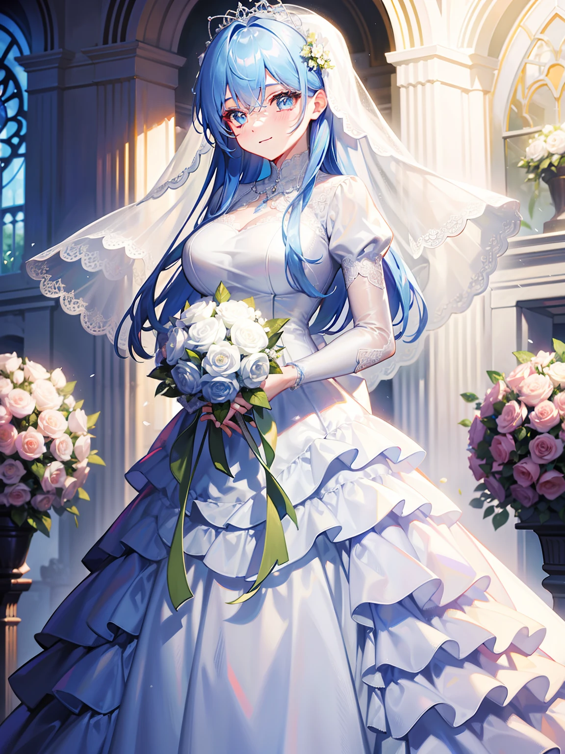 ，wedding gown，Bride，marriage，Beautifully dressed，Shiny clothes，Lace on clothes，Clothes lace，Large skirt，Lace trim，stand posture，facing the front there，Flowers in hand，ssmile，light yarn，full bodyesbian,cleanness