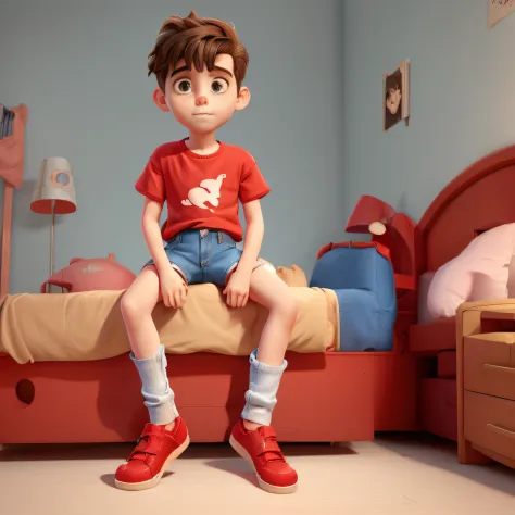 young boy sitting on a bed BREAK red t-shirt BREAK denim shorts BREAK white shoes